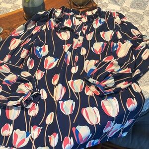 Talbots Navy Floral Tulip-Print Ruffle-Neck Blouse